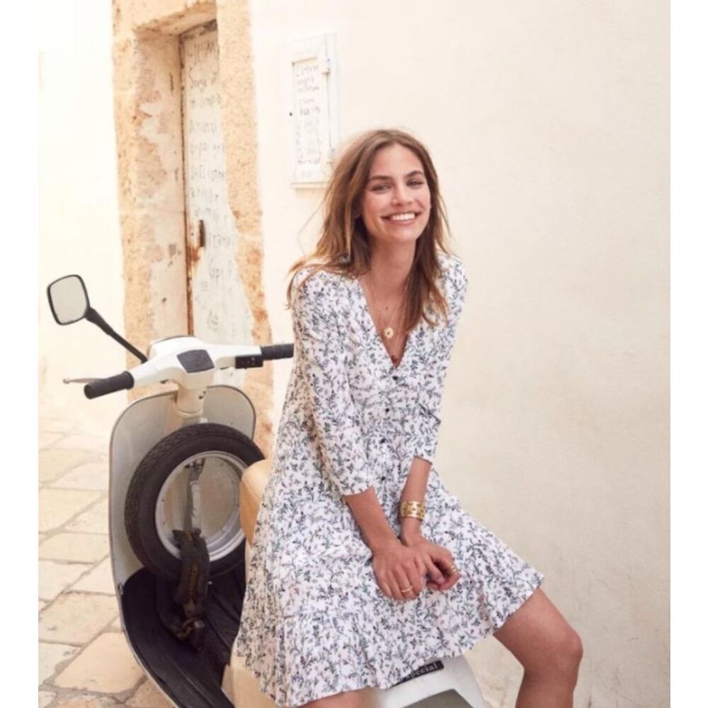 Sezane Floral Mini Dress - White and Blue